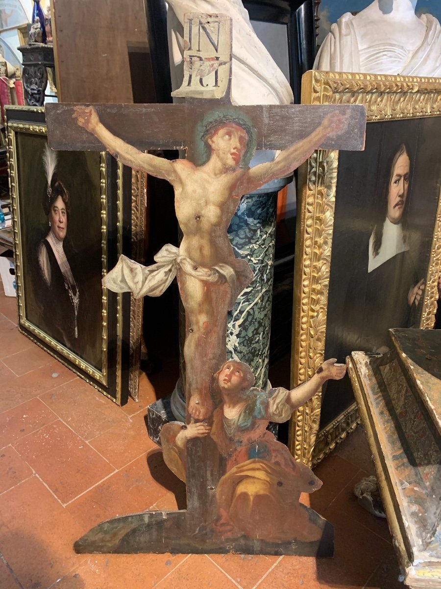 Crucifix Avec Magdalene.  Peinture à l'Huile Sur Bois.  XVIII Siècle.  -photo-8