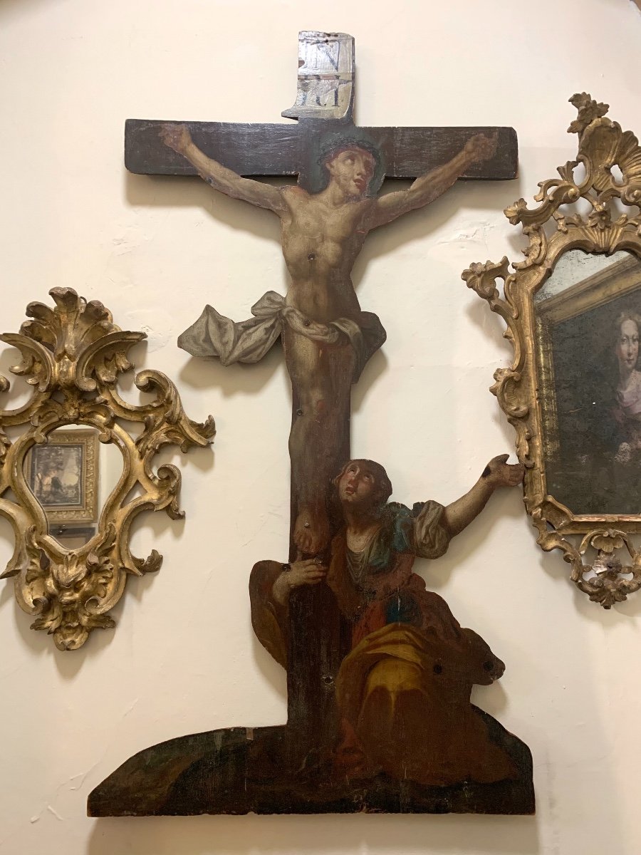 Crucifix Avec Magdalene.  Peinture à l'Huile Sur Bois.  XVIII Siècle.  