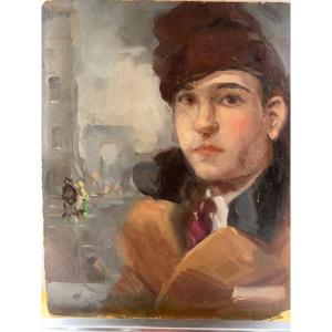 Young Man Portrait With Paris Cityscape.  Circa 1930.