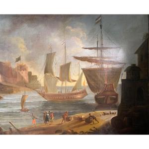 Large Marine Painting With Sailing Ships In The Port. XVIII Century.