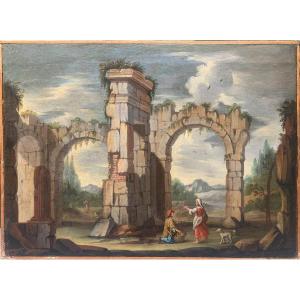 Capriccio Architectural Avec d'Anciennes Ruines Romaines, Colonnes Et Arches.  Année 1718