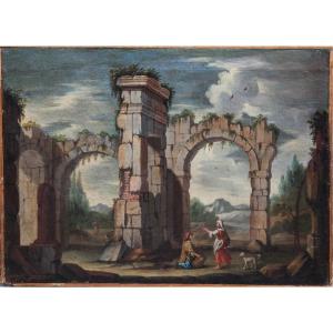 Roman School. Lazio Landscape.  Early 18th Century. Architectual Capriccio With Roman Ruins