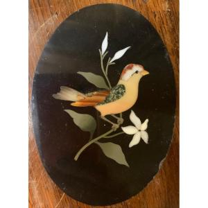 Pietra Dura Oval Mosaic With Bird An Jasmin Flowers. XIX Century