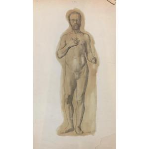 Large Academic Drawing: A Young Bearded Man With His Hand On His Chest. XIX Century