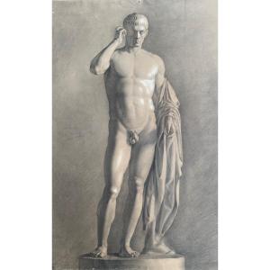 XIX Century Academic Drawing Of Marcus Claudius Marcellus As Hermes.  Cm62 X Cm48