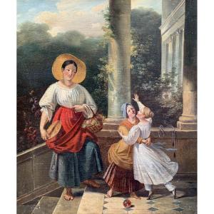 Peasant Girl And Little Lady With Toys. Europe, Romantic Era, Mid-19th Century