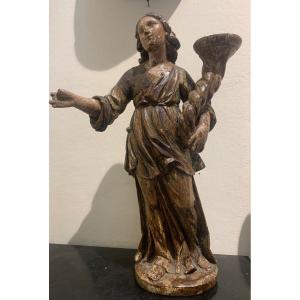 Angel Candle Holder, Polychrome Wooden Sculpture, 17th Century