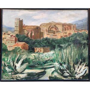 Southern Landscape With Medieval Church, Towers, And Agave, Oil On Canvas, Ca. 1920-1930