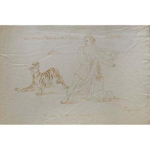 Heroic Combat With A Tiger By A Figure In Classical Attire - Dated 1845 