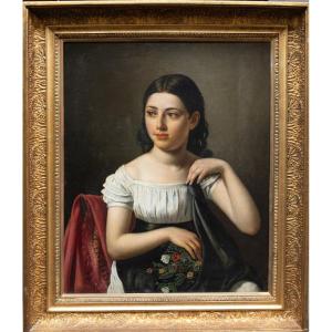 Romantic Portrait Of A Young Girl Holding Flowers.french School, Late 1820s