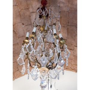 Louis XV Style Cage Chandelier, Maria Theresa Taste, Pyramid Crystals And Fluted Glass Center. 