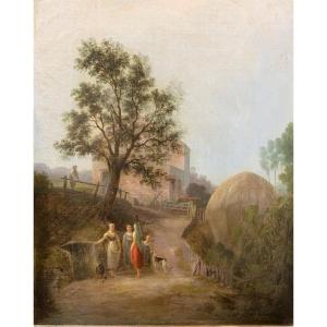 Rural Scene With Peasant Women And Countryside Landscape. 19th Cent,: Sign