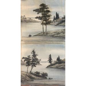 Pair Of Japanese Textile Panels In Yuzen Birodo Velvet With Traditional Landscapes. Late XIX C.