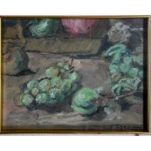 Nature Morte En Vert Avec Raisins, Prunes, Poires Et Champignon, Enzo Faraoni (1920-2017)