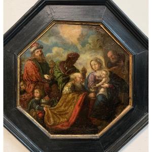 Adoration Of Three Wise Men, Epiphany. Octagonal Painting On Copper. 17th Century. 