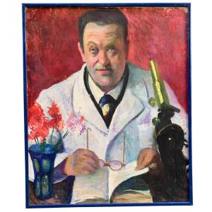 Portrait Of A Doctor With A Microscope.sign. Eduardo Gordigiani (1866–1961), Circa 1940