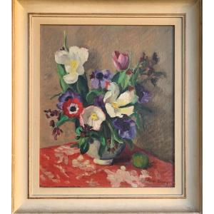 Nature Morte Avec Fleurs Et Un Fruit. Signé Pierre Monay (nancy, 1896 – Morges, 1974)