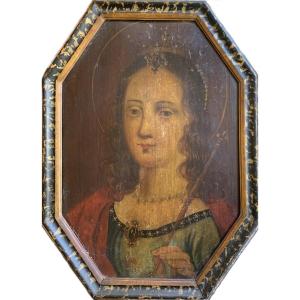 Saint Clotilde. Octagonal Painting On Panel, Circa 1700.