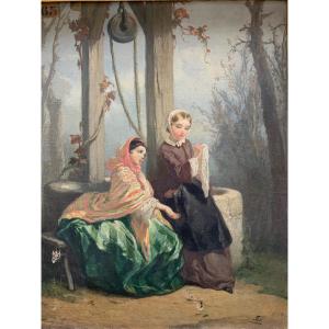 Two Young Women By A Well, Circa 1850.  Monogrammed  By Nicolas Edward Gabé