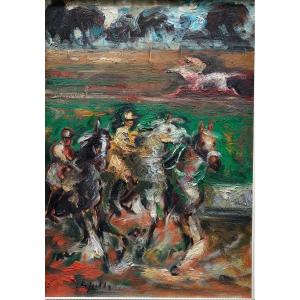 At The Racetrack. Painting By Emanuele Cappello, Born In 1936