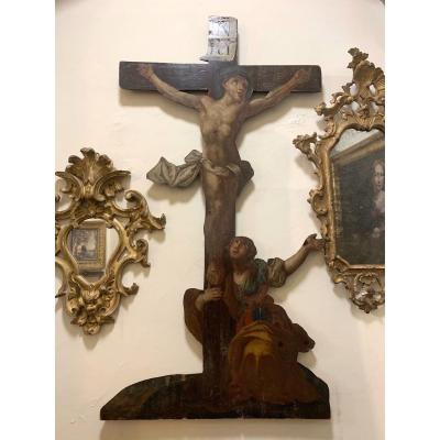 Crucifix Avec Magdalene.  Peinture à l'Huile Sur Bois.  XVIII Siècle.  