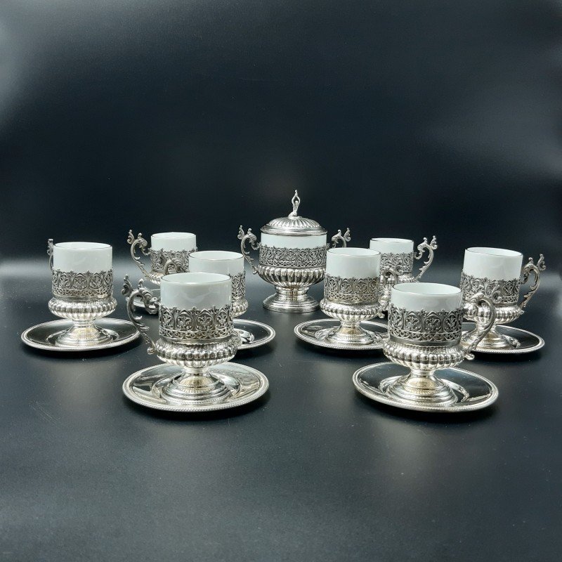 Coffee Service In 800 Silver And J. Kronester Bavaria Porcelain From The First Half Of The 20th-photo-4