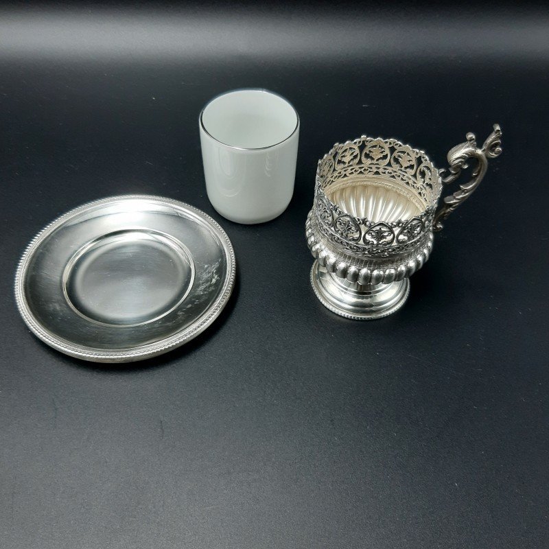 Coffee Service In 800 Silver And J. Kronester Bavaria Porcelain From The First Half Of The 20th-photo-6