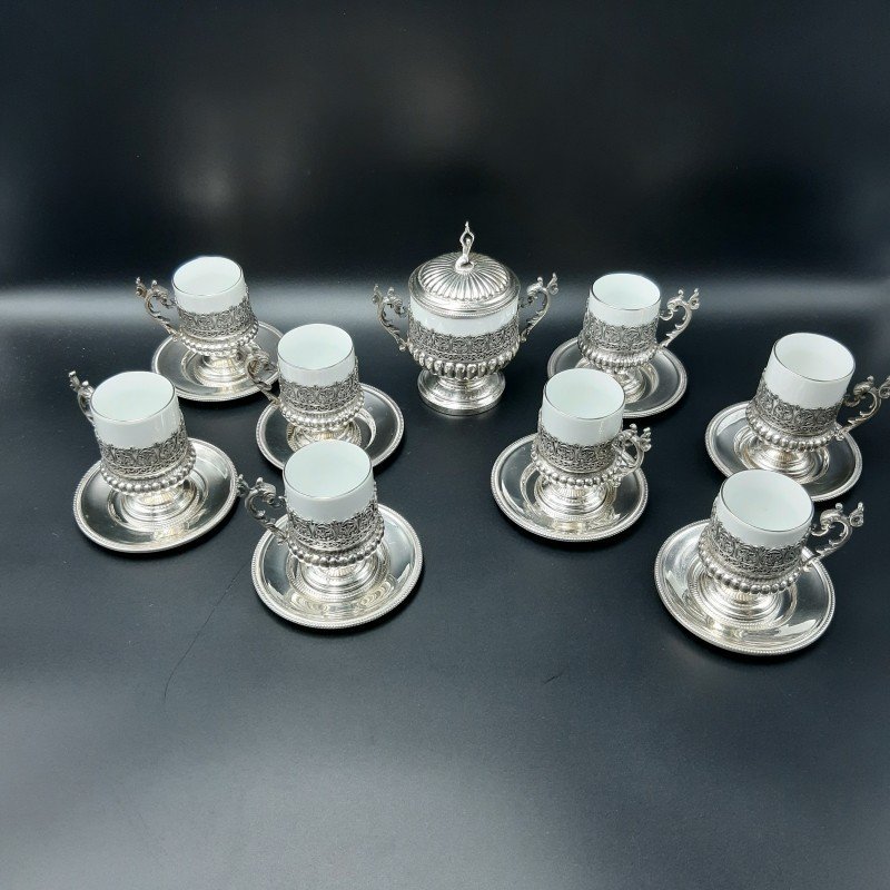 Coffee Service In 800 Silver And J. Kronester Bavaria Porcelain From The First Half Of The 20th