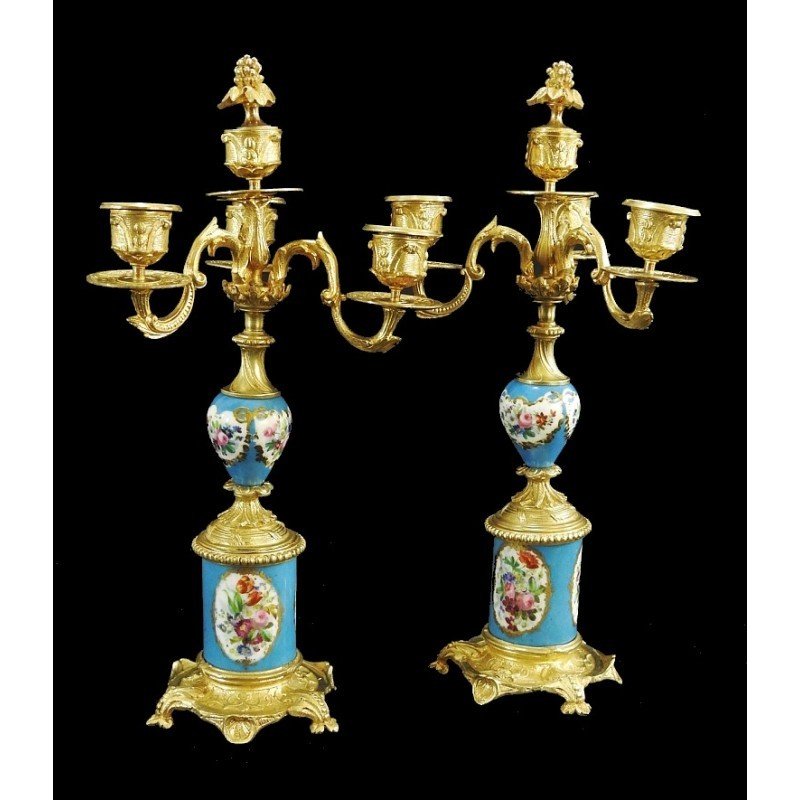 Pair Of Candelabra In Gilt Bronze And Sevres Porcelain From The Napoleon III Period-photo-3