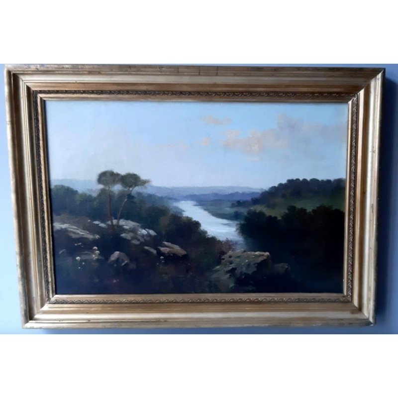 Peinture De Paysage Fluviale Ancienne De La Deuxième Moitié Du 19ème Siècle