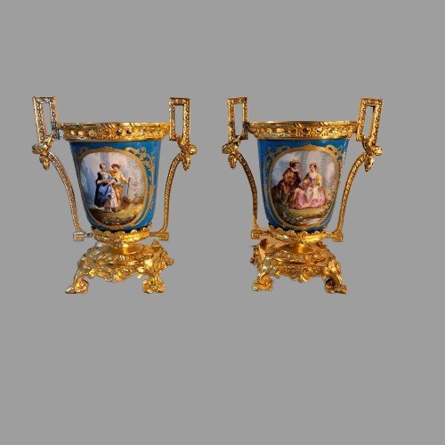 Small Pair Of Sevres Porcelain And Gilt Bronze Vases From The Napoleon III Period-photo-2