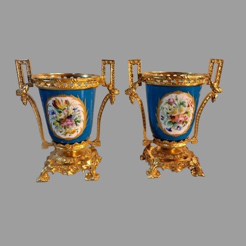 Small Pair Of Sevres Porcelain And Gilt Bronze Vases From The Napoleon III Period-photo-3