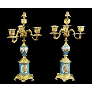 Paire De Candélabres En Bronze Doré Et Porcelaine De Sèvres d'époque Napoléon III