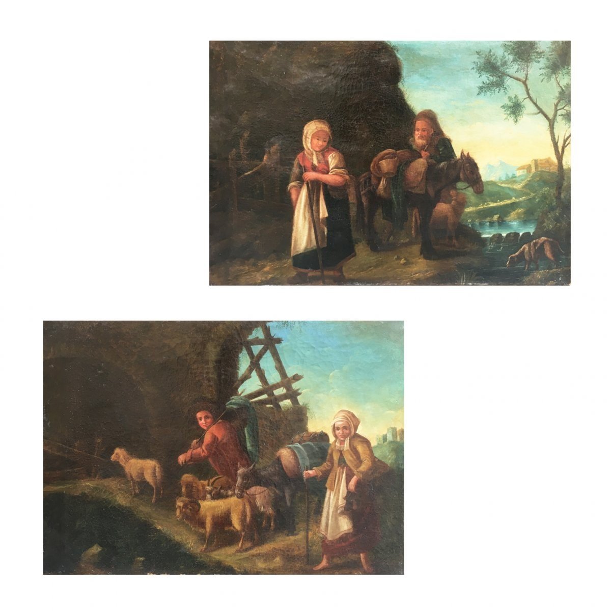 Pair Of Two Oil On Canvas Venetian Paintings Depicting Landscapes With Figures