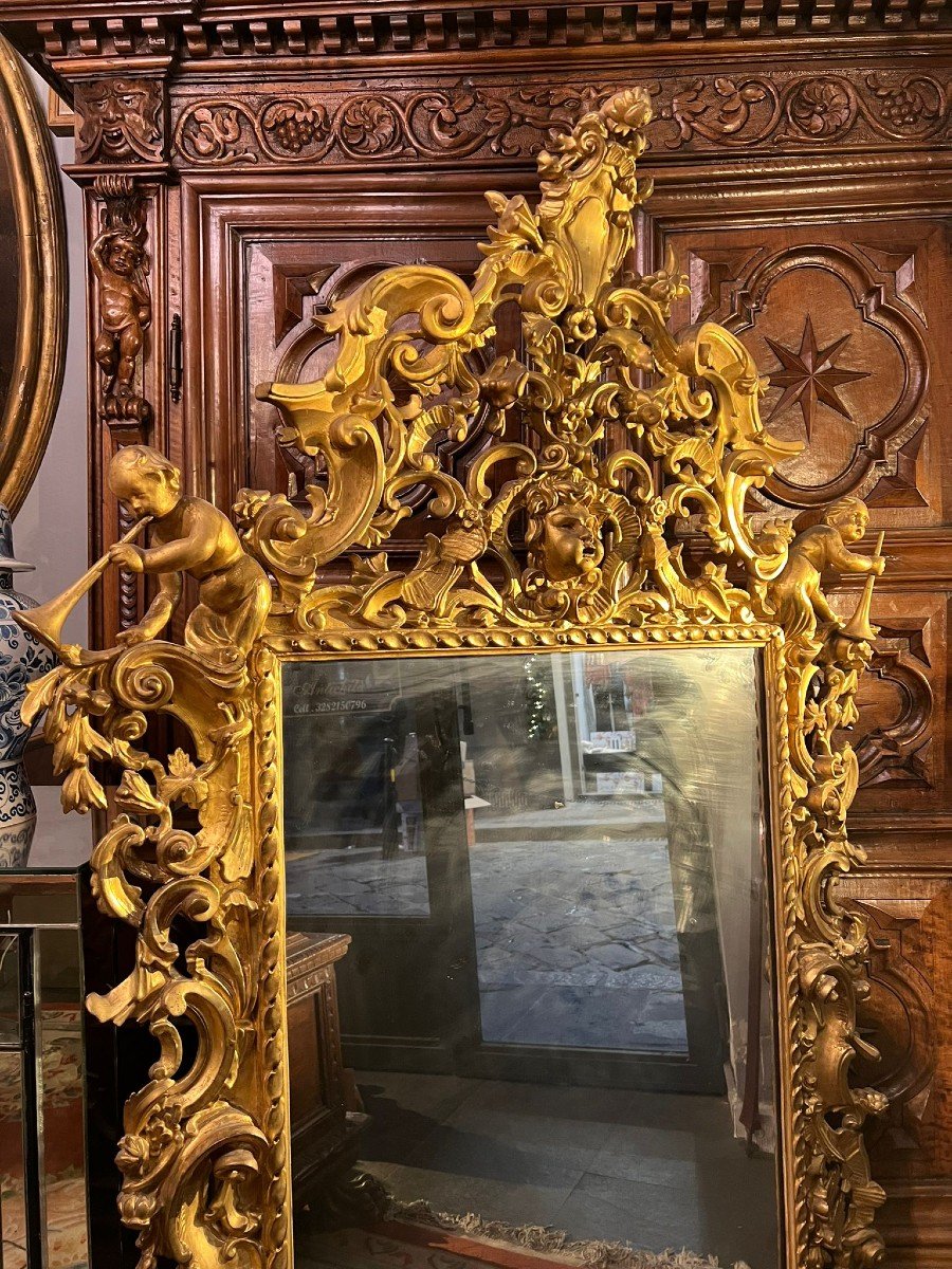 Beautiful Carved And Gilded Wooden Mirror, Tuscany, 18th Century.-photo-5