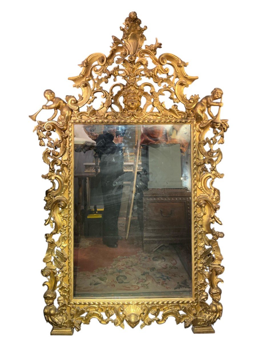 Beautiful Carved And Gilded Wooden Mirror, Tuscany, 18th Century.