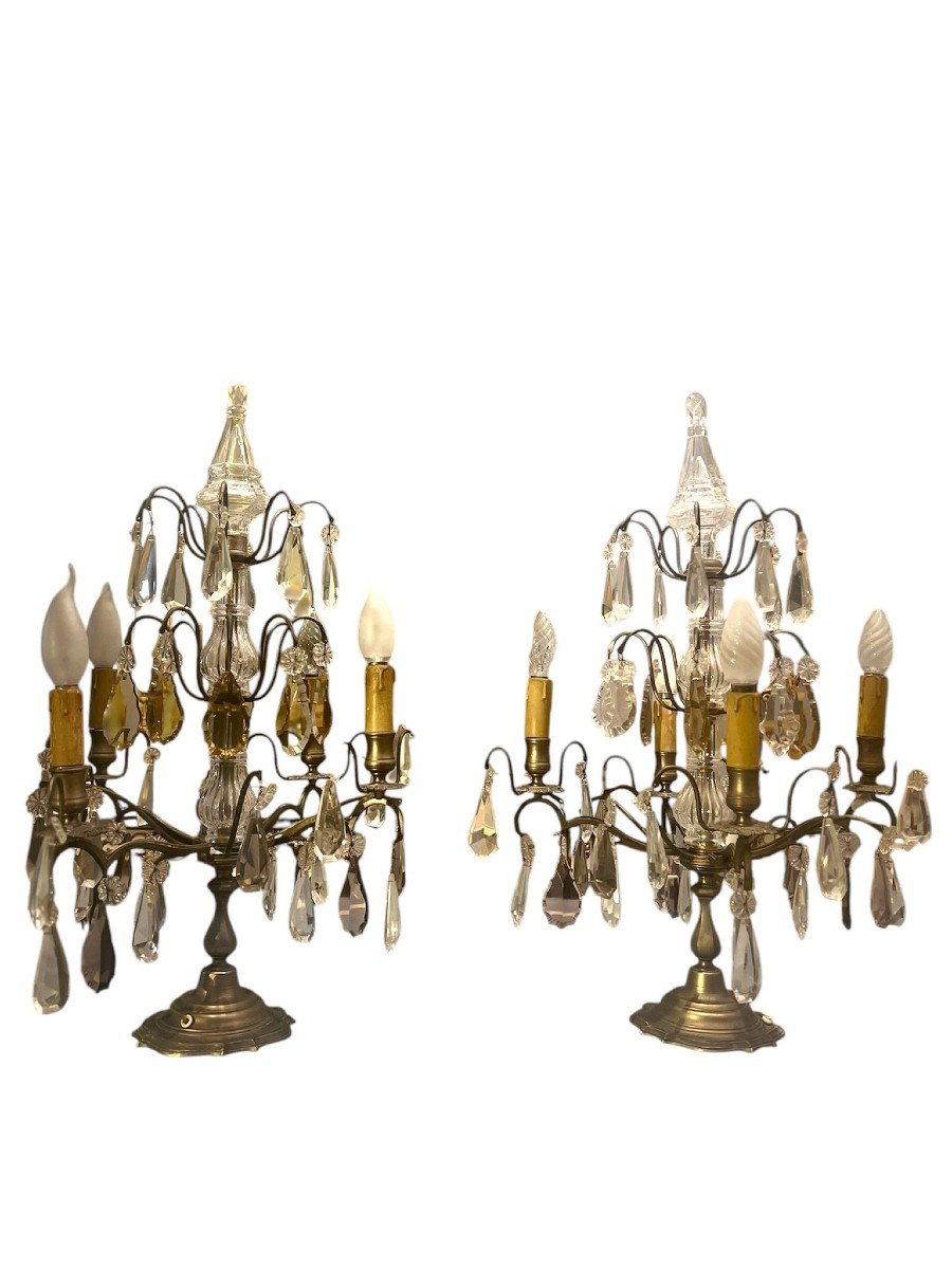 Pair Of Flambeaux In Brass And Crystal