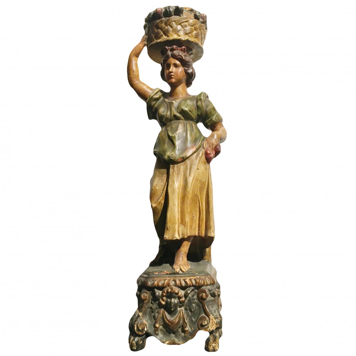 18th Century Italian Sculpture In Polychrome Wood Depicting A Female Figure