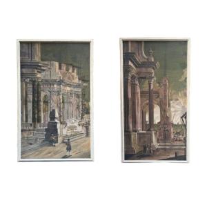 Pair Of Paintings Depicting Architectural Whims