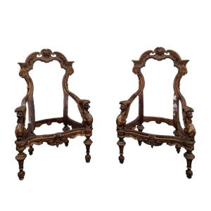 Pair Of Armchairs In Carved Walnut Wood