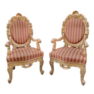 Pair Of Carved And Gilded Wooden Armchairs