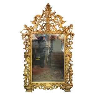 Beautiful Carved And Gilded Wooden Mirror, Tuscany, 18th Century.