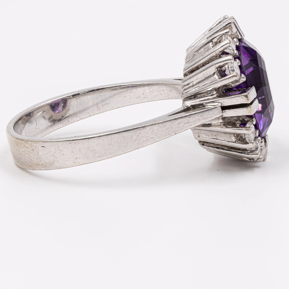 Vintage 14k White Gold Amethyst (4ct) & Diamonds (0.24ctw) Ring, 60s-photo-2