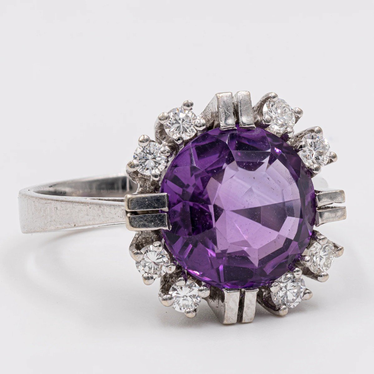 Vintage 14k White Gold Amethyst (4ct) & Diamonds (0.24ctw) Ring, 60s-photo-3