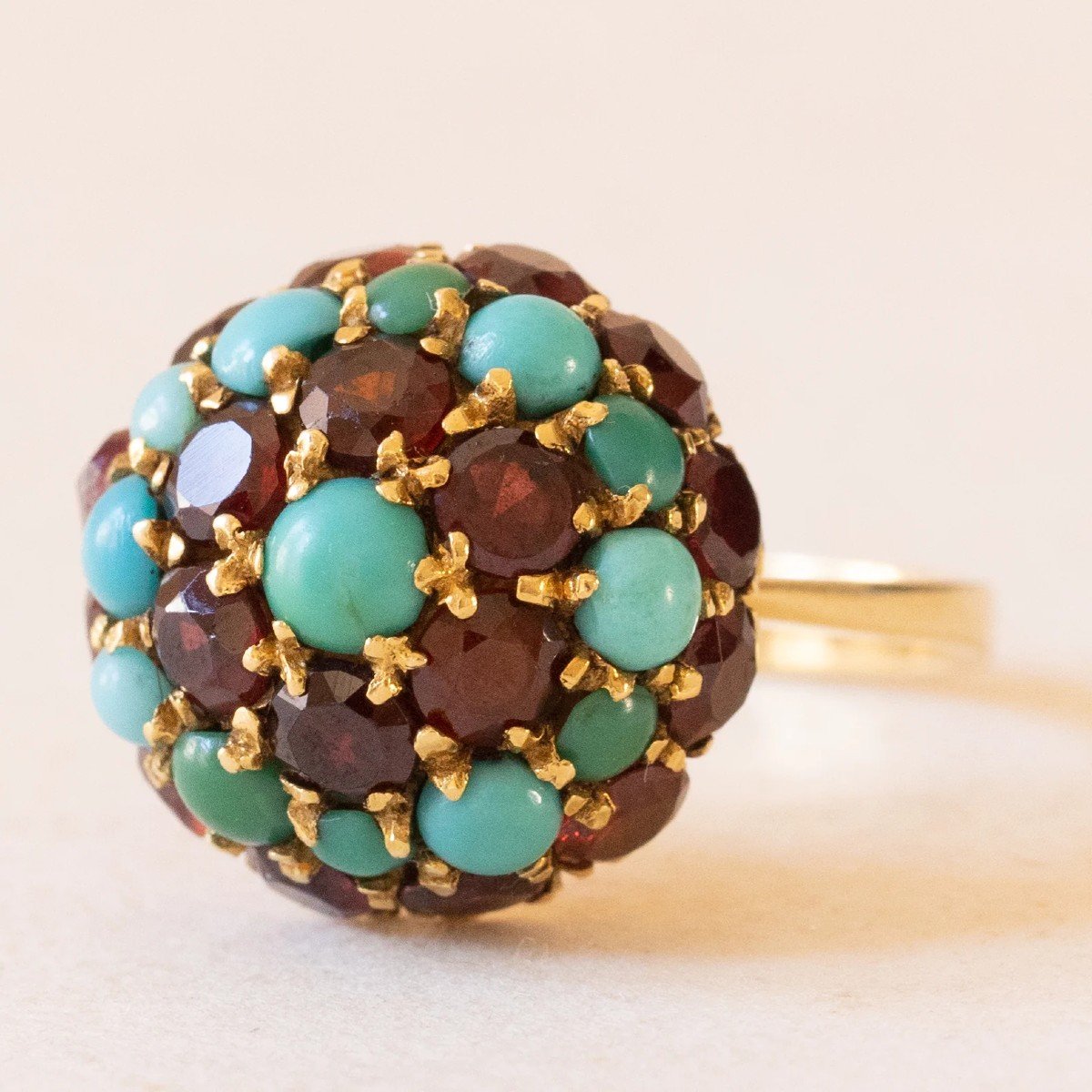 Bague Vintage En Or Jaune 18 Carats Avec Grenat Bombé, Verre Rouge Et Turquoise-photo-2