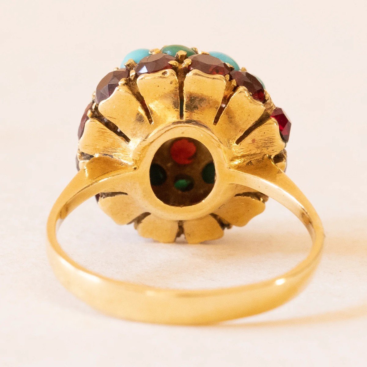 Bague Vintage En Or Jaune 18 Carats Avec Grenat Bombé, Verre Rouge Et Turquoise-photo-3