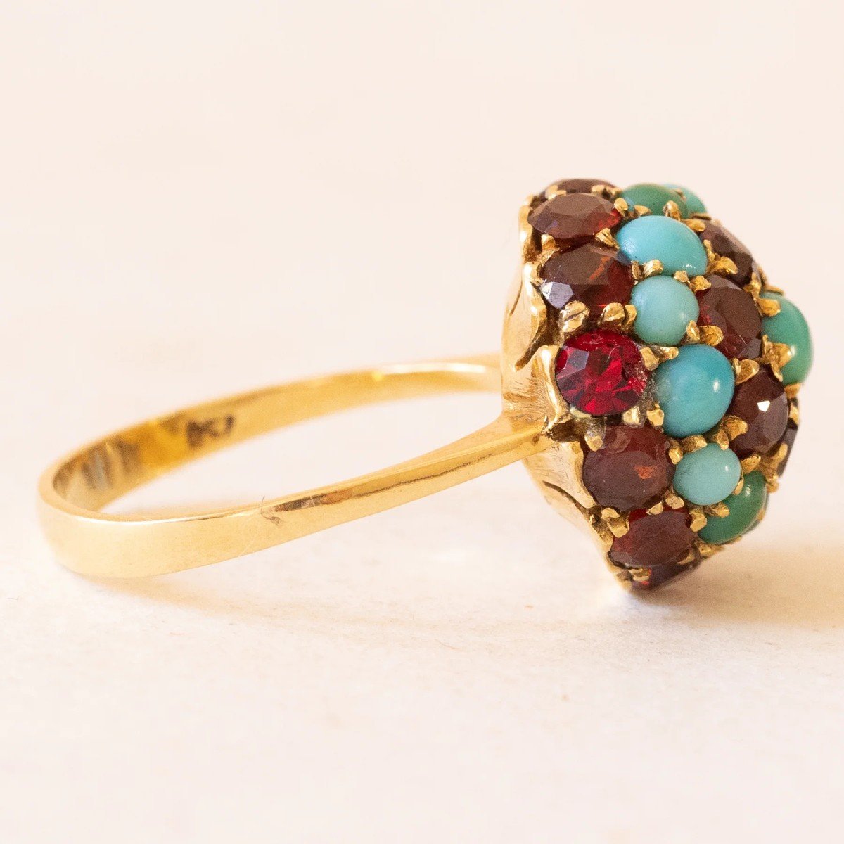 Bague Vintage En Or Jaune 18 Carats Avec Grenat Bombé, Verre Rouge Et Turquoise-photo-4