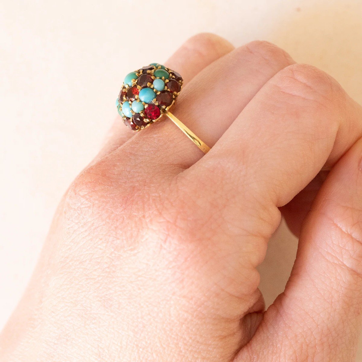 Bague Vintage En Or Jaune 18 Carats Avec Grenat Bombé, Verre Rouge Et Turquoise-photo-2