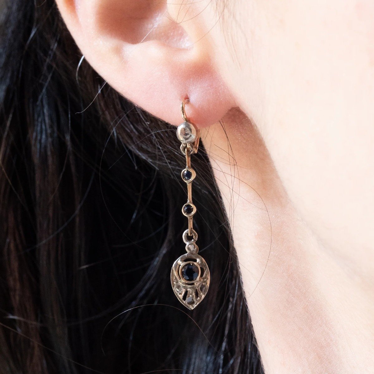 Boucles d'Oreilles Anciennes En Or Jaune 18 K Et Argent Avec Saphirs Taille Rose Et Diamant-photo-4