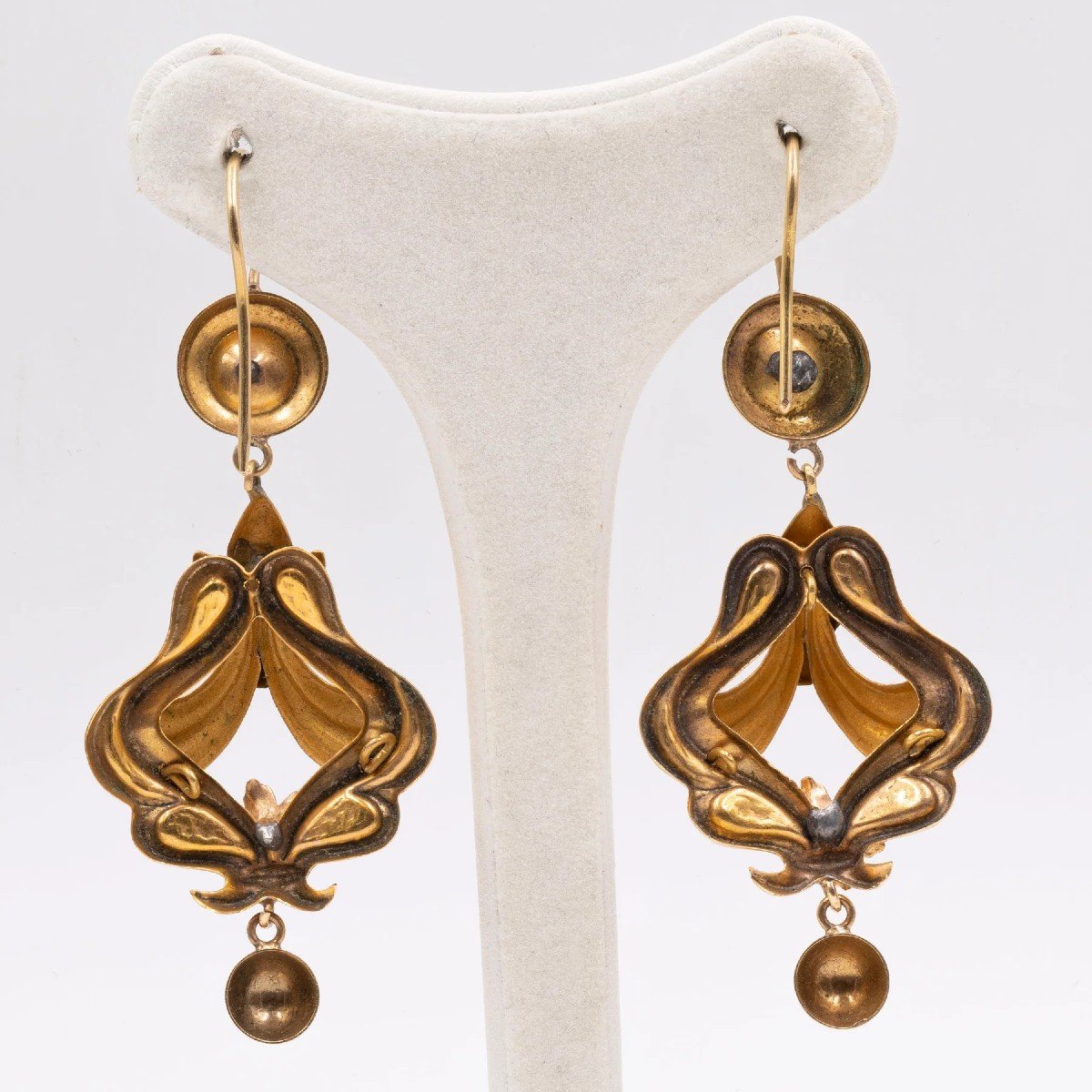 Boucles d'Oreilles Anciennes En Or Jaune 18 Carats Avec émaux Et Rubis, Fin 800/début 900-photo-2